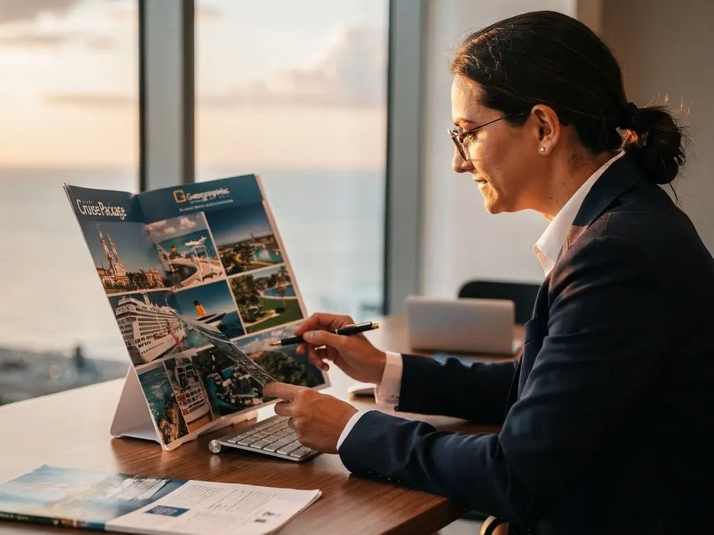 travel agent planning a Surprise AZ cruise tour with booking papers and clear pricing details